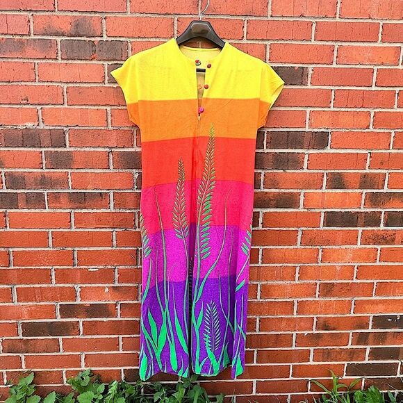 Vintage 70s Rainbow Sunset Caftan Dress w/ Tropical Grass Print – M/L Boho - Picture 1 of 7